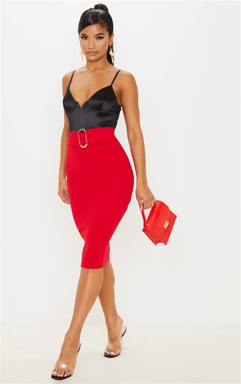 Red High Waisted Belted Midi Skirt Skirts Prettylittlething