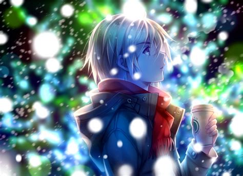 Wallpaper Anime Boy Profile View Red Scarf Winter Snow Coffee Wallpapermaiden