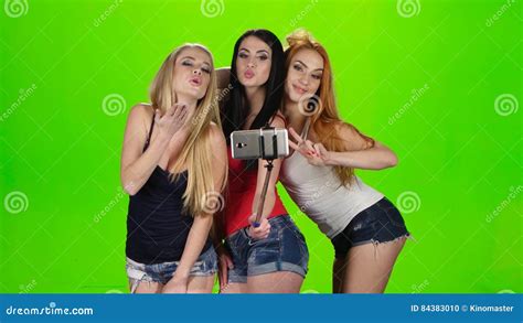 Three Girl Model Pose For Selfie Photo Green Screen Studio Stock