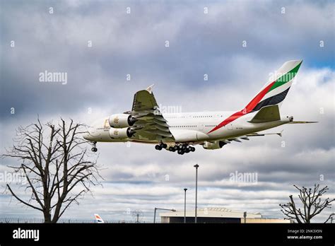 Heathrow London February 20th 2023 Emirates Airbus A380 Landing