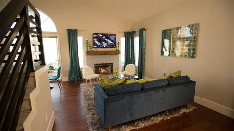 Contemporary Neutral Living Room With Blue Curtains And