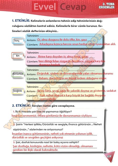 Sinif Turkce Ders Kitabi Cevaplari Sayfa Meb Yayinlari Dev Zaman