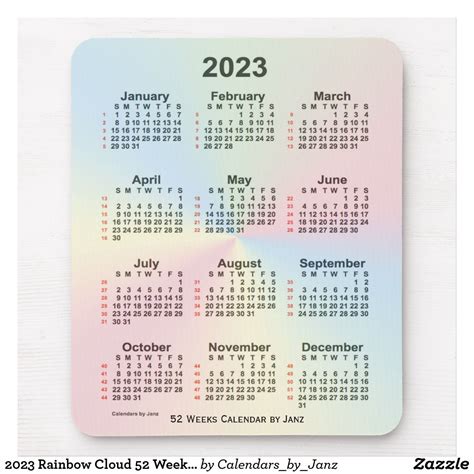 2023 Rainbow Cloud 52 Week Calendar By Janz Mouse Pad