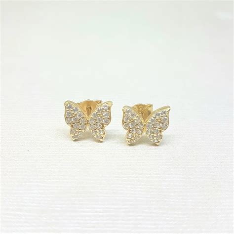 14K Real Solid Gold Butterfly Stud Earrings For Women Etsy