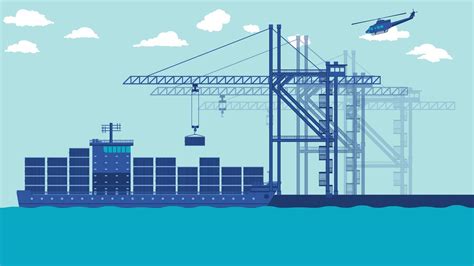 Flat Cartoon Side View Of Transport Cargo Sea Ship Loading Containers