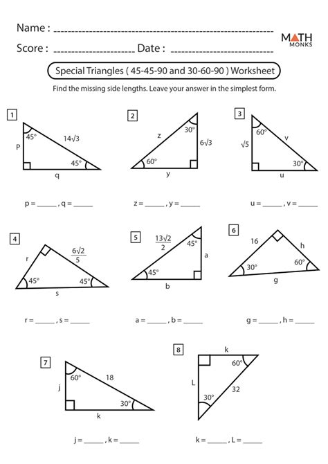 Show the given information in the diagram (using tick marks to show congruent sides and arcs to show congruent angles). Special Triangles Worksheets | Math Monks