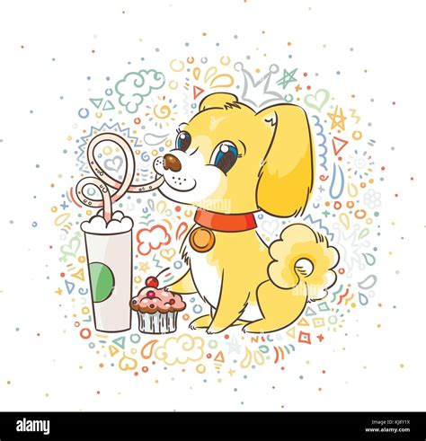 Golden Dog Drinks Coffee Or Milk Shake Hand Drawn Vector Illustration
