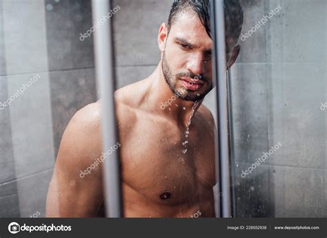 Handsome Naked Muscular Man Taking Shower Bathroom Stock Photo By