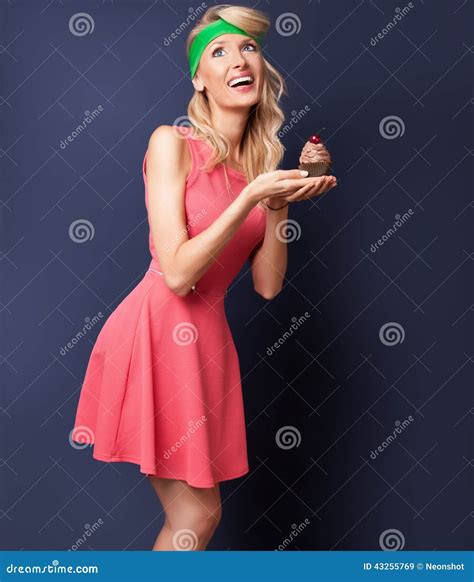 Smiling Blonde Woman With Cupcake Stock Image Image Of Occasion