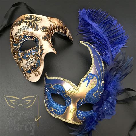 Masquerade Half Face Phantom And Venetian Feather Goldblue Masks