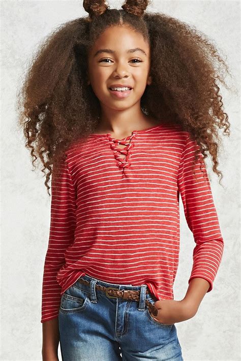 Forever 21 Girls A Knit Top Featuring A Stripe Pattern A Crew Neck A Crisscross Lace Up