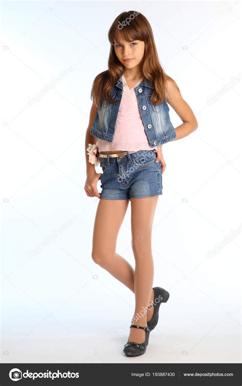 Beautiful Girl Denim Shorts Standing Full Length Elegant Attractive
