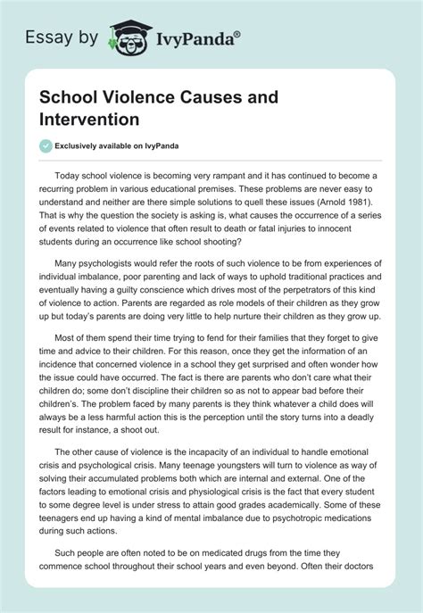 School Violence Causes And Intervention 693 Words Report Example