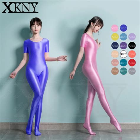 Xckny Sexy Seamless Glossy Silky Tights Round Neck Short Sleeve Full