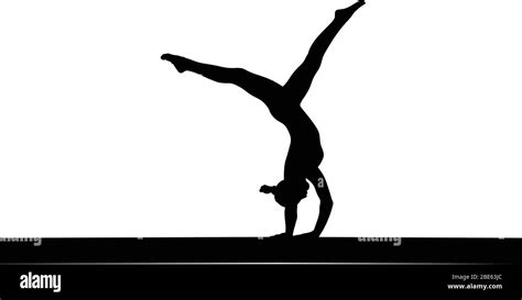 Girl Gymnast Handstand Exercise On Balance Beam Isolated Black