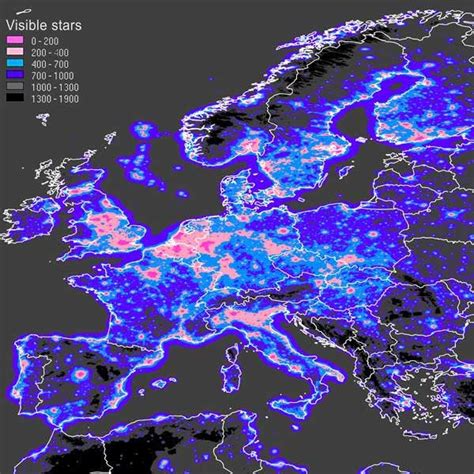 light pollution in europe the number of stars that can be seen from locations in europe europe