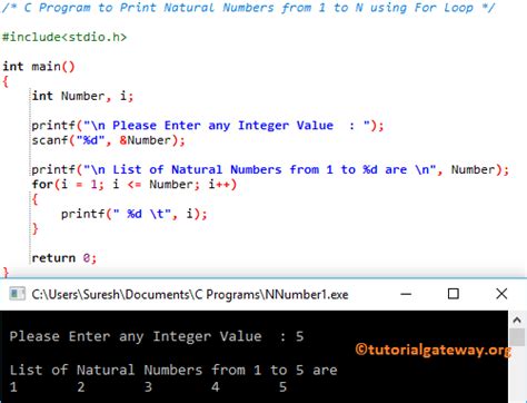 C Program To Print Natural Numbers From 1 To N