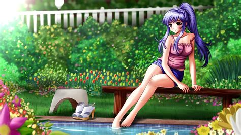 Garden Purple Hair Anime Swimming Pools Anime Girls