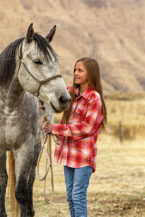 Girl Petting Horse Stock Photo Dissolve