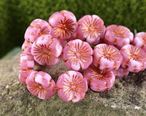 Czech Glass Raspberry Swirl W Copper Finish Hibiscus Coin 14mm Lima Beads