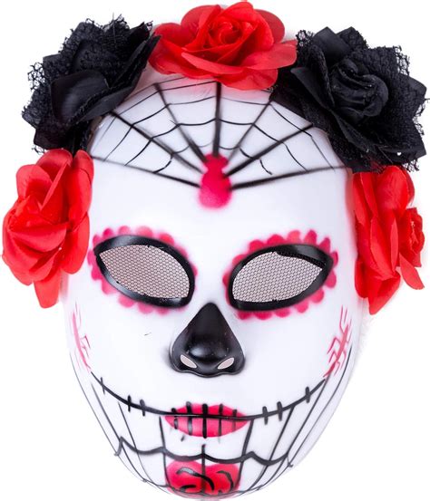 Womens Masquerade Mask Mexican Day Of The Dead Sugar Skull Red Black Halloween