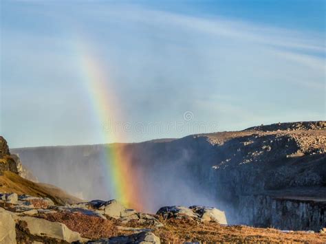 Iceland A Rainbow Over The Waterfall Gorge Stock Photo Image Of