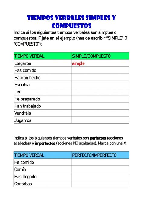 Tiempos Verbales Simples Y Compuestos Worksheet