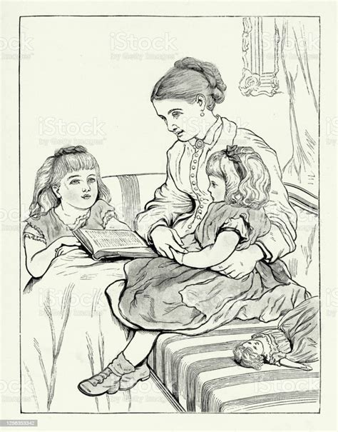 Vintage Mother Reading A Bedtime Story To Her Daughters American Victorian Engraving 1882 Stock