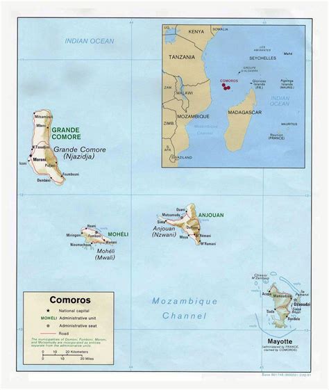 Detailed Political Map Of Comoros With Relief Roads And Cities 1991 Comoros Africa