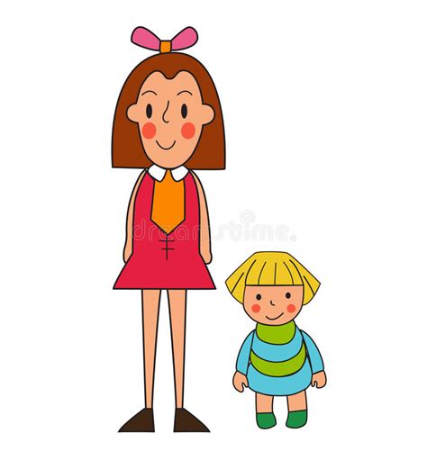 Two Girls Illustration Of A Cute Little Girl And Her Doll Isolated On