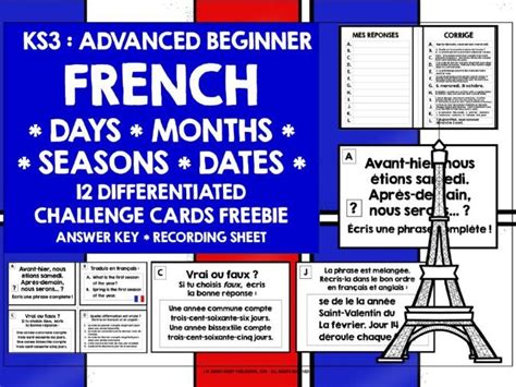 French Dates Days Months Seasons Challenge Cards Freebie Teaching