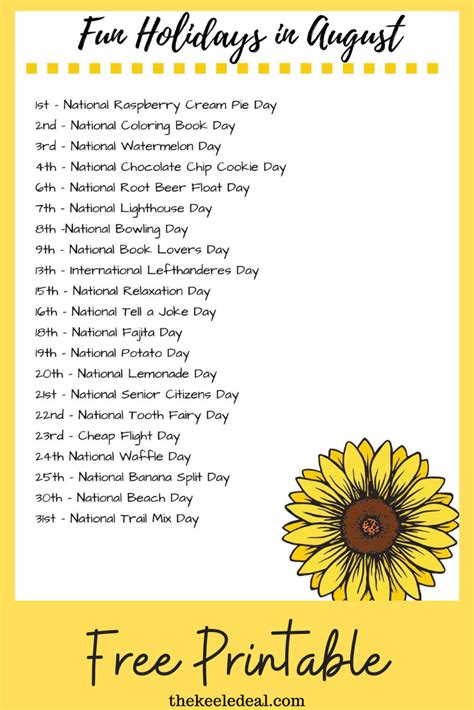 Fun And Wacky Holidays In August Printable List August Holidays