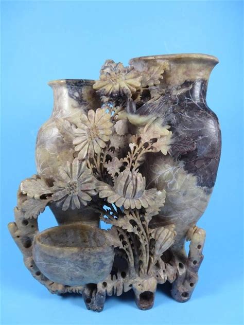 Antique Large Chinese Carved Soapstone Triple Vase Flowers Bird 68 5