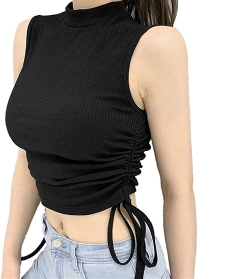 Women S Sleeveless Rib Knit Crop Top Turtleneck Sweater Vest Side Drawstring Summer Casual Slim