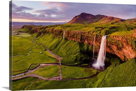 Aerial Drone View Of Seljalandsfoss Waterfall At Sunset Iceland Wall