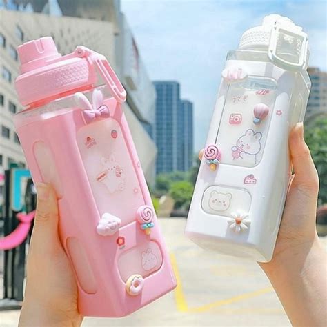 Large Kawaii Water Bottle With Straw And 3d Stickers Cute