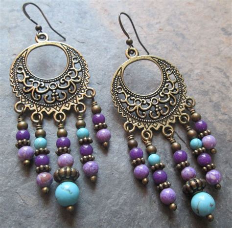 Purple Turquoise Gemstone Chandelier Earrings Boho Etsy