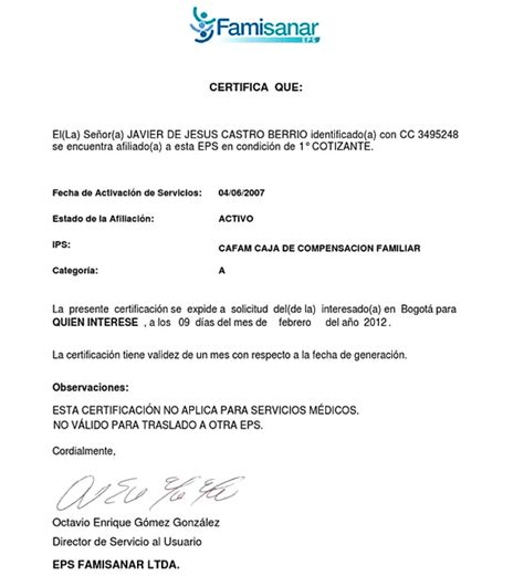 ⊛ Certificado Famisanar En Colombia【2023