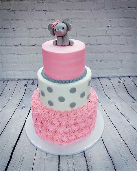 Pink And Grey Elephant Baby Shower Cake