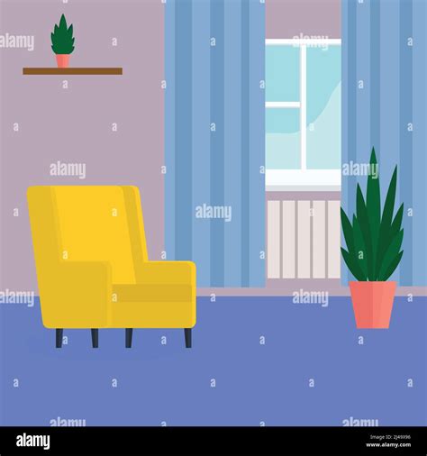 Cozy Living Room With Yellow Sofa Flat Vector Illustration Stock