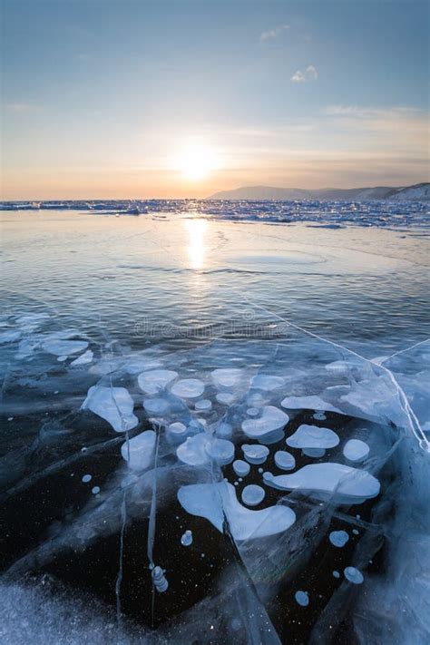 Gas Methane Bubbles Frozen In Blue Ice Of Lake Baikal Stock Image