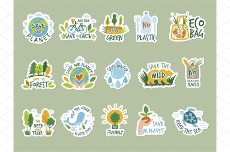 Ecology Stickers Save Green Earth Vector Graphics ~ Creative Market