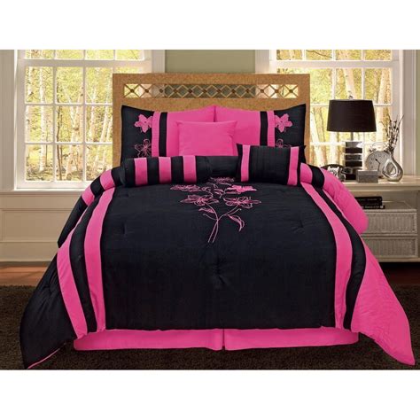 7 Piece Comforter Set Pink And Black Flower Design Bedding King Size