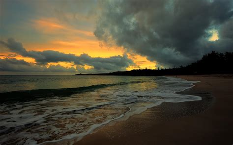 Sunset Water Sea Beach Evening Clouds Ocean Wide Hd Desktop Wallpaper