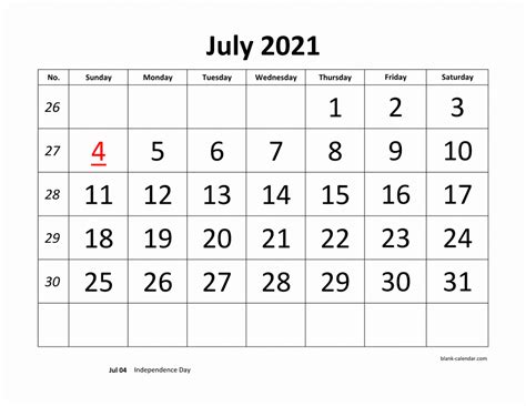Free Download Printable July 2021 Calendar Large Font Design