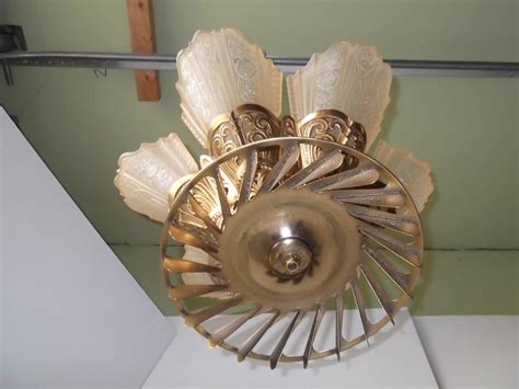 This is an eloquent vintage art deco/nouveau ceiling light fixture chandelier c.1930's. Art Deco Signed Edwin Guth Ceiling Fan Consolidated Glass ...