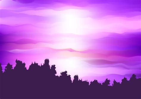 Silhouette Of A Tree Landscape Against An Abstract Purple Sunset Sky