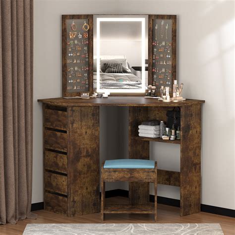 Lvsomt Bedroom Corner Vanity Desk Set With Touch Screen Dimming Light Mirror Makeup Table With