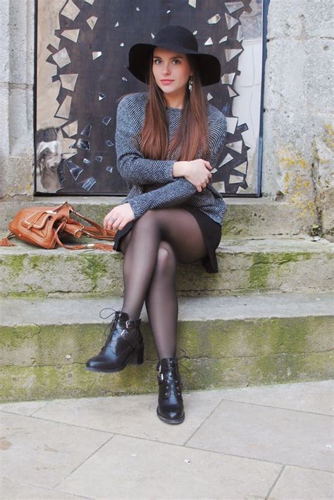 grey sweater black mini skirt black sheer tights and shoes outfits with hats stylish outfits
