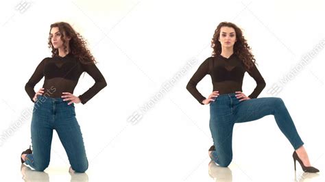 2 Videos In One Curly Haired Girl In Black Body And Jeans Kneeling On